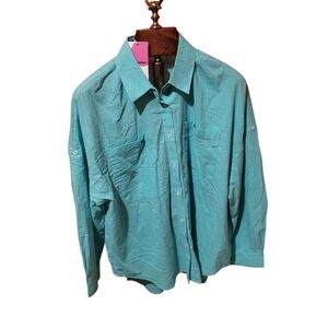 PaintColors Women's Teal Long Sleeve Button Linen Cotton Blend Shirt Size XXL